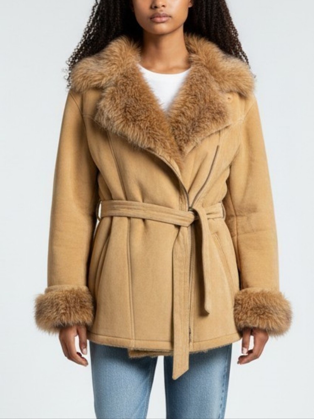 Wilson’s Leather Y2K Genuine Leather Boho Jacket Faux Shearling Belted W/Hood